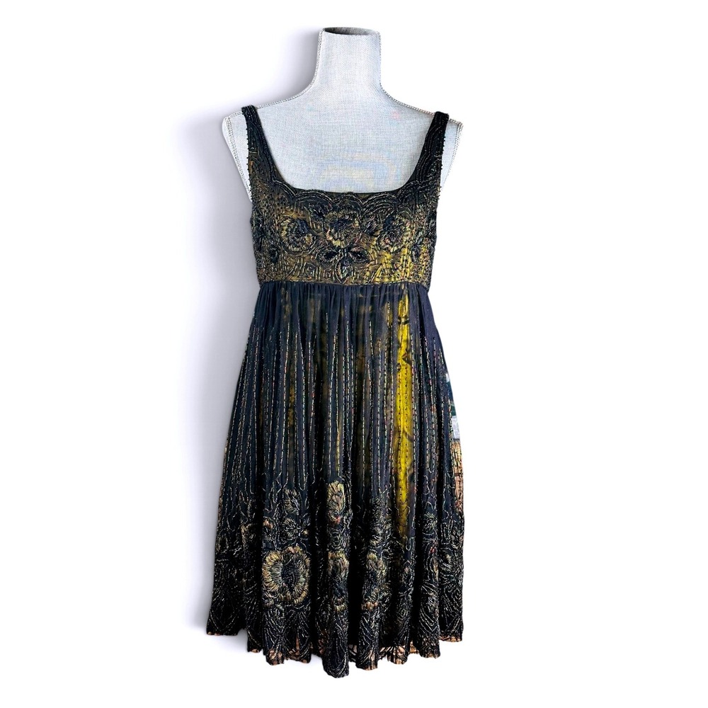 Carmen Marc Valvo Vintage Beaded Silk Gold Embroidery Cocktail Dress, Size 8